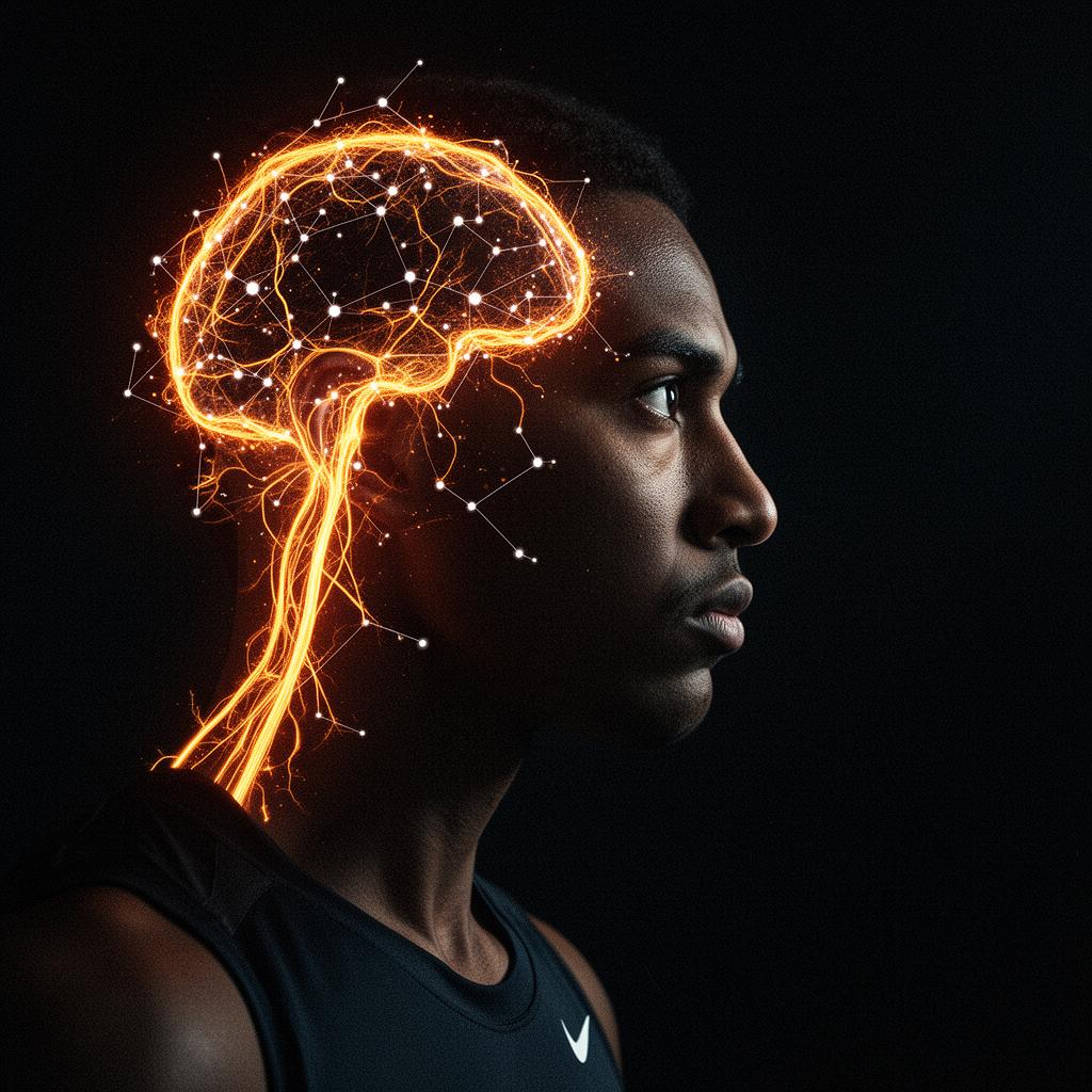 Athlete in profile with glowing neural network overlay